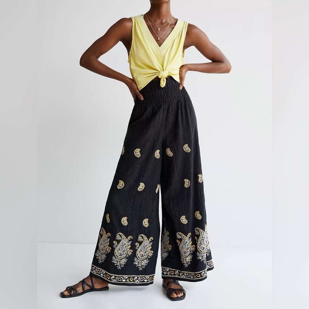 Anthropologie Smocked Wide-Leg Embroidered Pants